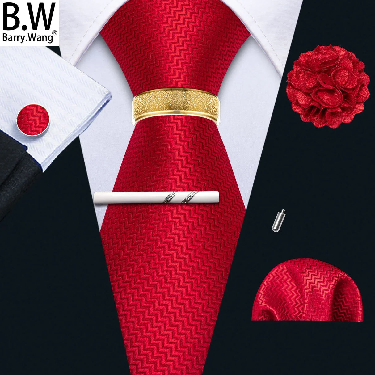 Barry.Wang Silk Mens Tie Hanky Cufflinks Clip Brooch Ring Set Red Solid Striped Necktie Casual Gift Male Wedding Business Events