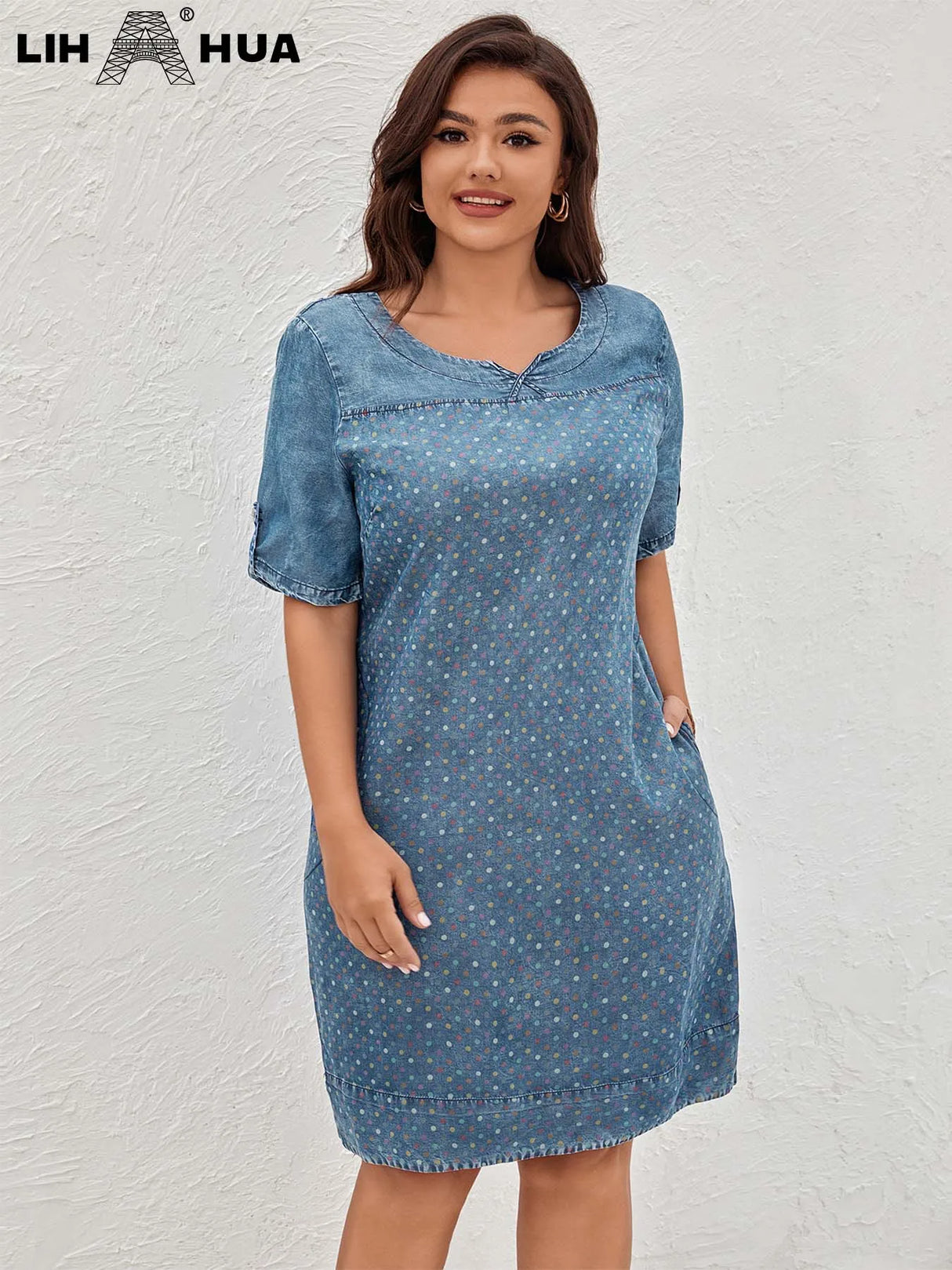 LIH HUA Women's Plus Size Denim Dress Summer Chic Elegant Dress For Chubby Women's Woven Cotton Dress