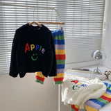 2024 Winter Children Girls 2PCS Clothes Set Cotton Warm Smiling Pullovers Rainbow Striped Trousers Kids Girls Loungewear Outfits