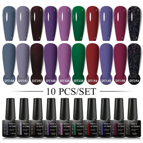 10Pcs Nude Glitter Gel Nail Polish Set Purple Pink Reflective Glitter Semi Permanent Varnishes Soak Off UV LED Nail Art Gel Kits