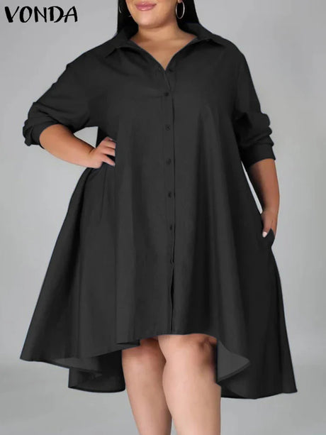 Plus Size 5XL VONDA Women Vintage Shirt Dress 2023 Autumn Denim Long Sleeve Asymmetrical Midi Vestidos Solid Elegant Sundress