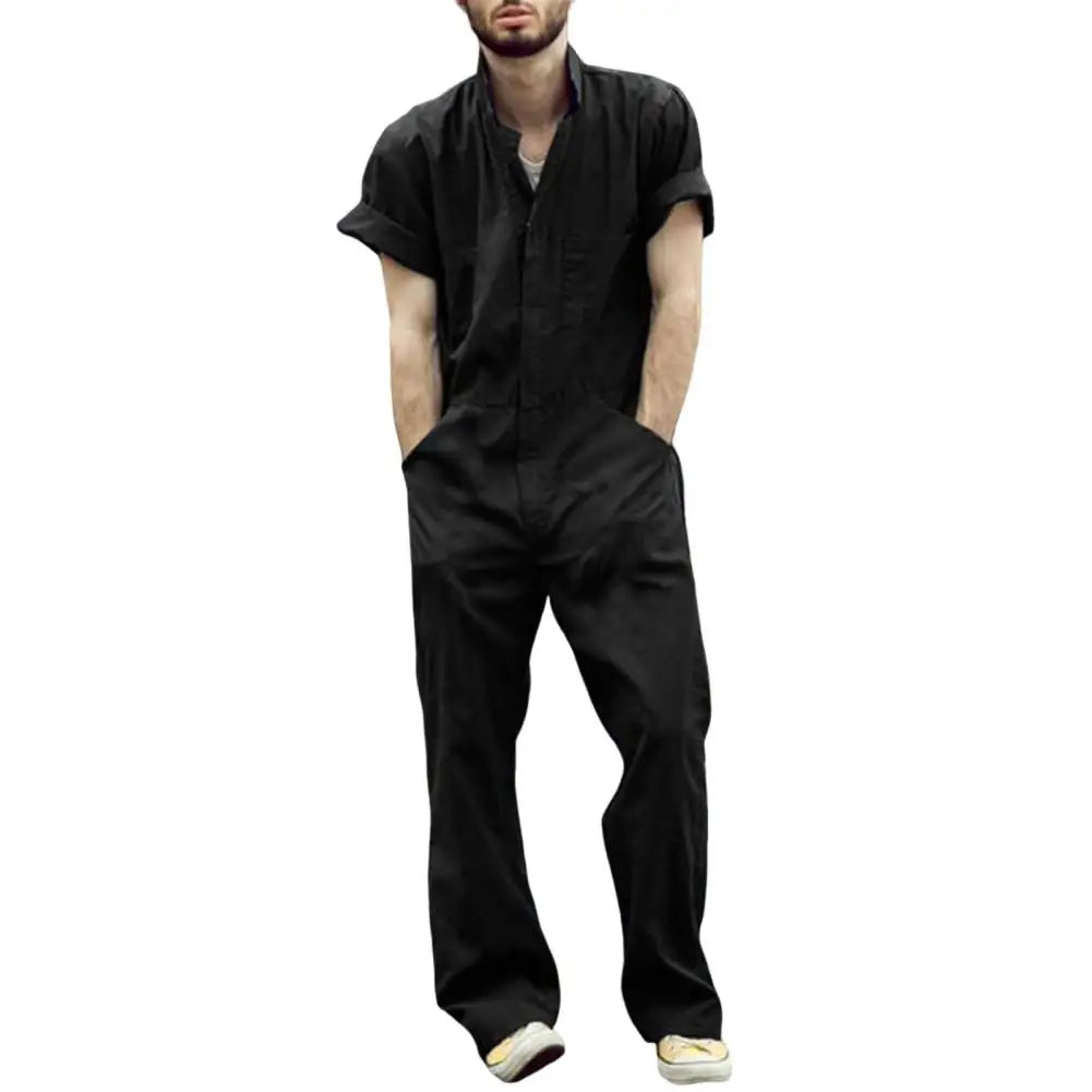 Work Jumpsuit for Men Cargo Pants Button Closure Turn-down Collar with Pockets Jumpsuits And Romper for Men