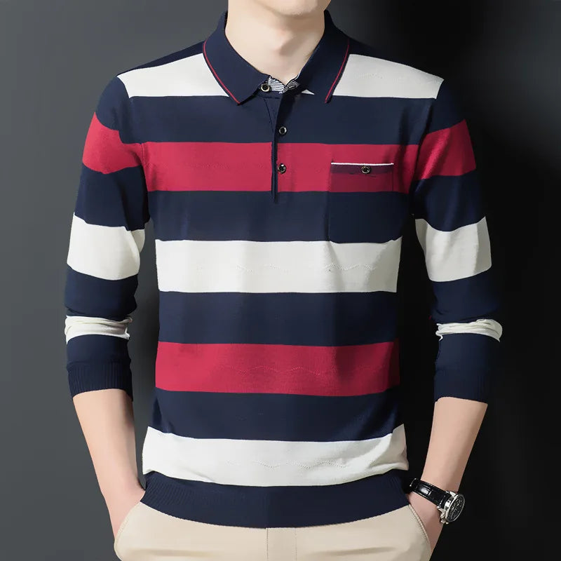 Autumn Winter Polo New Men's Clothing Loose Striped Long Sleeve Tees Turn-down Collar Shirt Business Casual Fashion Pockets Tops