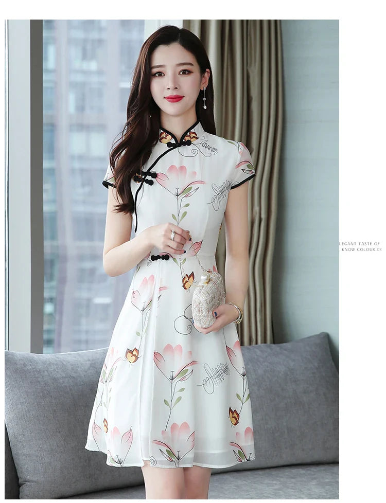 2023 Summer New Modern Improved Cheongsam Chiffon Printing Vintage Traditional Chinese Style Slim Qipao Dress