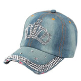 Women Bling Tiara Distressed Denim Baseball Cap Rhinestones Embellished Washed Retro Style Adjustable Hat