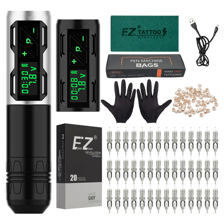 EZ Complete Tattoo Kit P2S Wireless Battery Tattoo Pen Machine 40 Pcs Cartridge Needles for for Tattoo Beginners & Arts