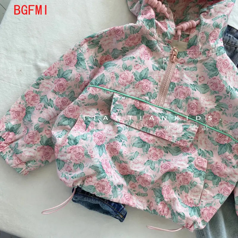 90-130cm Children's Pink Floral Flower Hooded Coat Toddler Girls 2023 Autumn Girls' Korean Pullover Windproof and BreathableTop