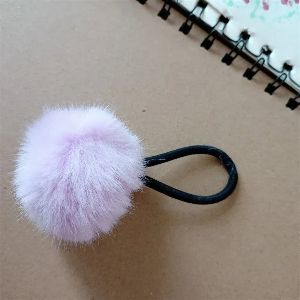 Cute Fur Ball Plush Hair Rope High Elastic Black Hair Ties With Pompom Women Toddler Girls Ponytail Holder Seamless Rubber Bands