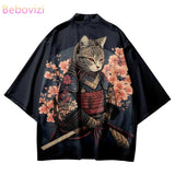 Plus Size Japanese Sakura Cat Samurai Print Kimono Streetwear Men Women Cardigan Harajuku Traditional Clothes Summer Beach Haori