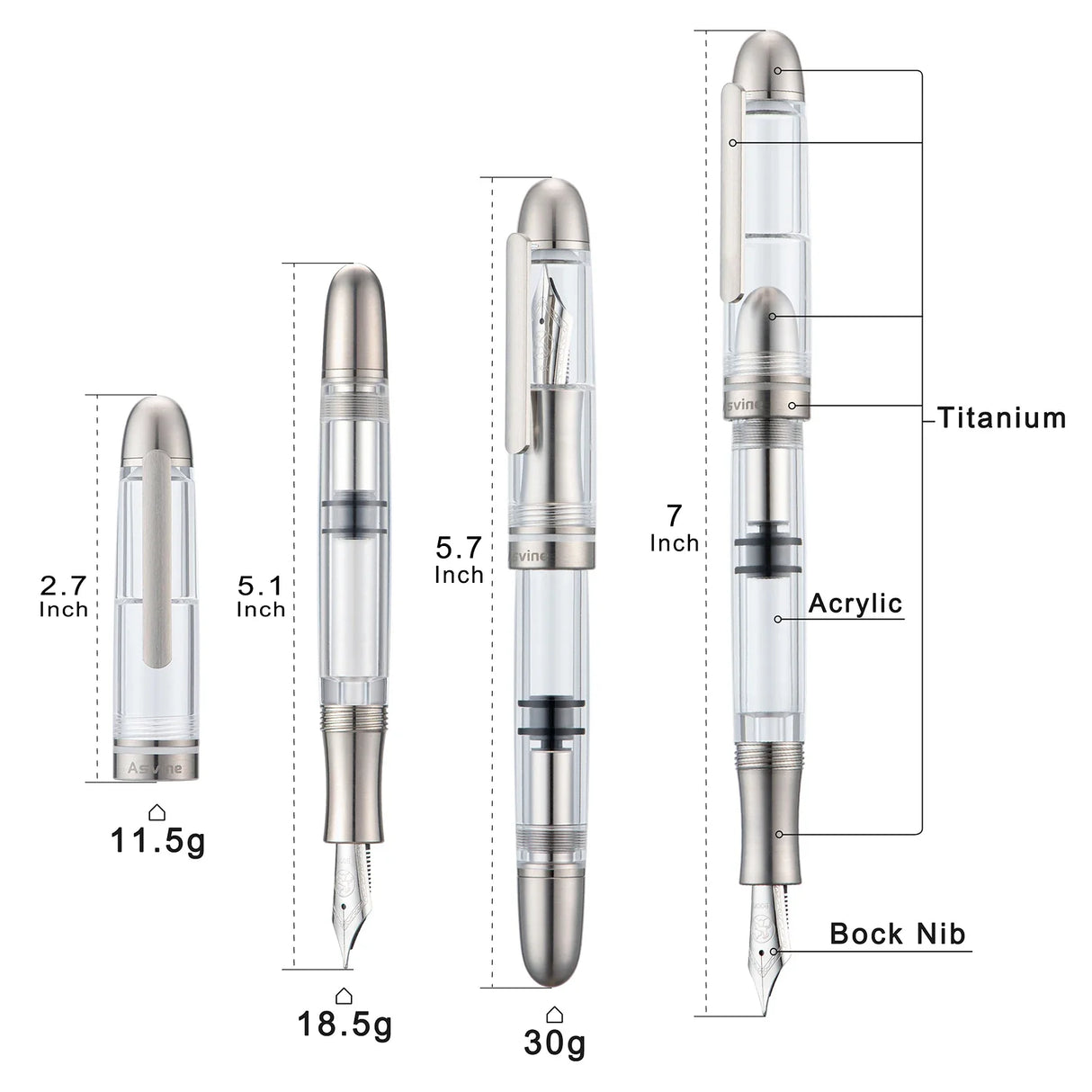 Asvine P36 Piston Filling Fountain Pen Bock / Asvine EF/F/M Nib, Titanium & Acrylic Smooth Writing Office Gift Pen