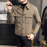 2023Autumn/Winter Men Polo Neck Woolen Jacket Fashion Slim Fit Suit Coat HighQuality Checkered Multi Pocket Korean Casual Jacket