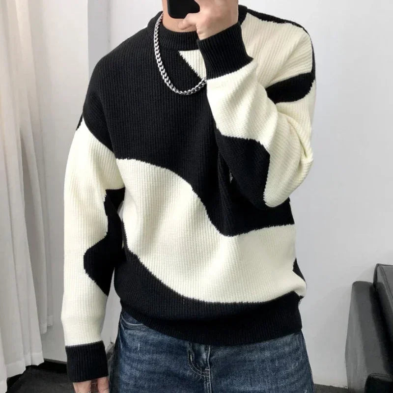 Knitted Sweaters for Men Black Spliced Pullovers Man Clothes No Hoodie Crewneck Round Collar A Over Fit Knit Spring Autumn Warm