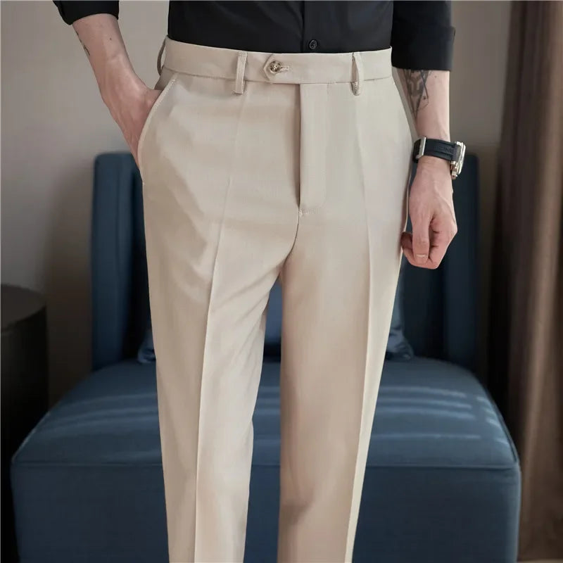 British Style Men High Waist Dress Pants 2023 Autumn Solid Color Casual Trousers Slim Fit Formal Suit Pants Fashion Men Clothing