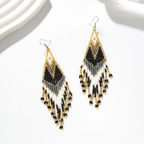 Europe and America Bohemia Women's Jewelry Accessories Geometric Colorful Handmade Beads Long Tassel Beaded Weave Boho Earrings