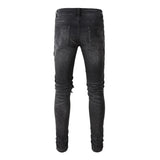 Men Cracked Leather Patch Biker Jeans Streetwear Pleated Patchwork Holes Ripped Stretch Denim Pants Skinny Tapered Trousers