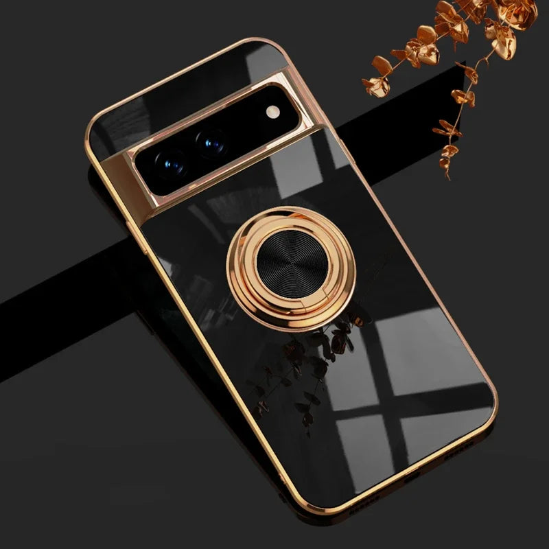 Luxury Plating Silicone Shockproof Phone Case For Google Pixel 8 8A 7 Pro 7A 6A Metal Ring Magnetic Holder Stand Soft Back Cover