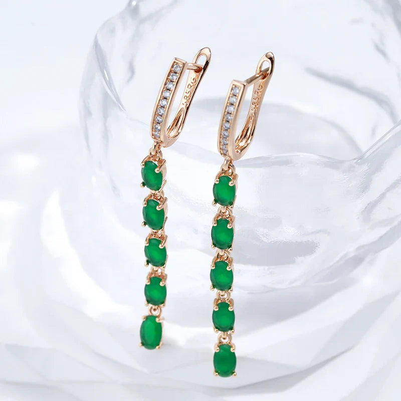 Kienl New Trend Vintage Long Tassel Earring 585 Rose Gold With Green Natural Zircon Women Drop Earrings Bride Wedding Jewelry