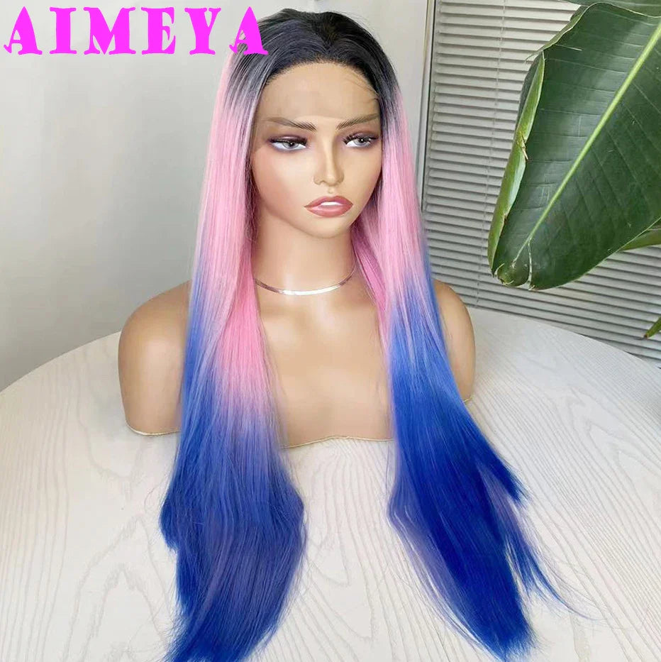 AIMEYA Ombre Blue Synthetic Lace Front Wigs for Women Dark Roots Pink Blue Wig Long Silky Straight Colorful Wigs Ombre Pink Wig