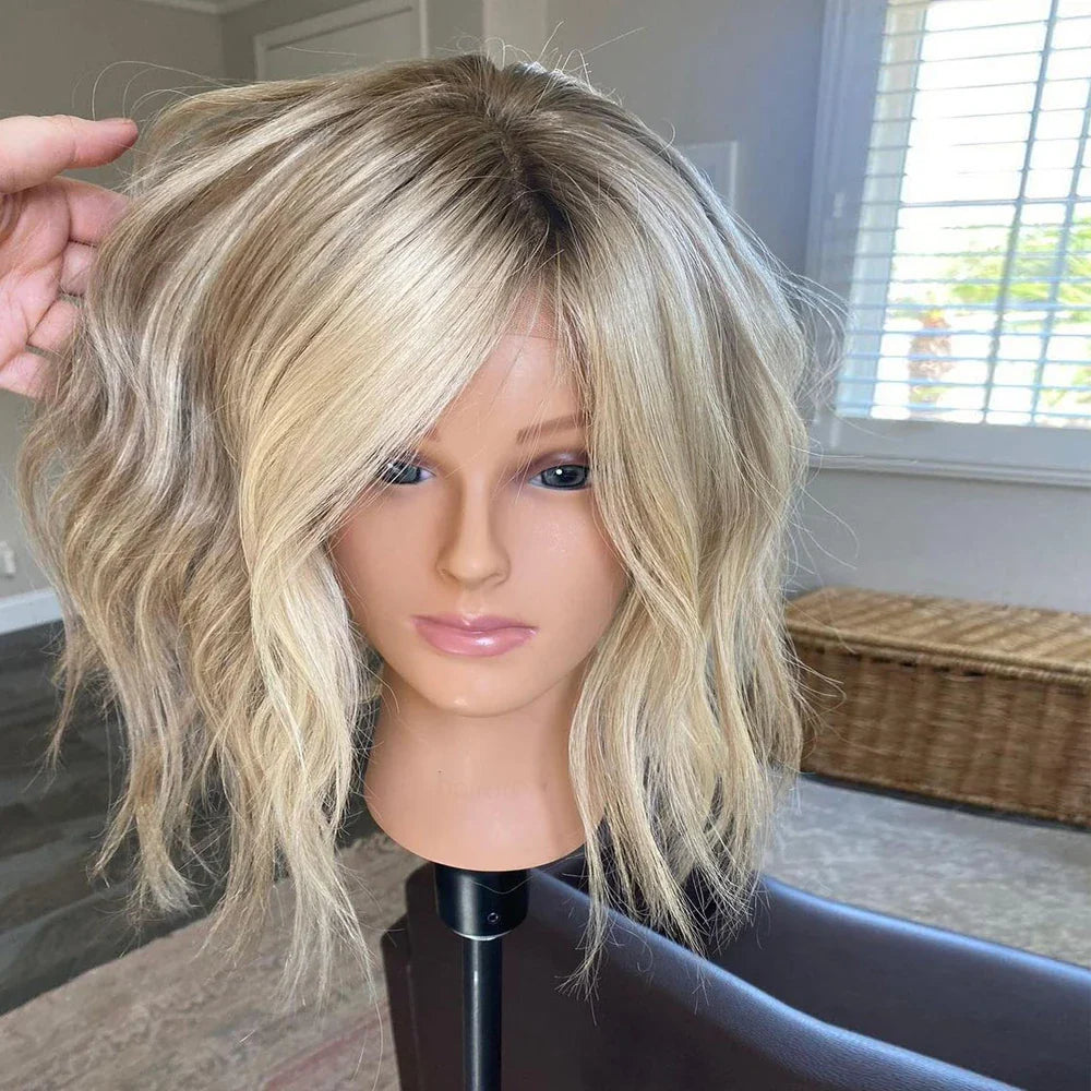 Ashy Blonde Balayage Natural Wave Wig with Roots Premium Human Hair 16" Medium Length Full Lace Wig HD 13x6 Lace Front Wig 150%