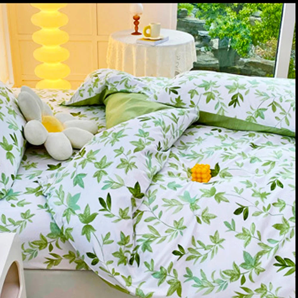 2/3pcs Set Green Flower Print Duvet Cover with Pillow Case Nordic Comforter Bedding Set Quilt Cover Queen/King Double  Bed