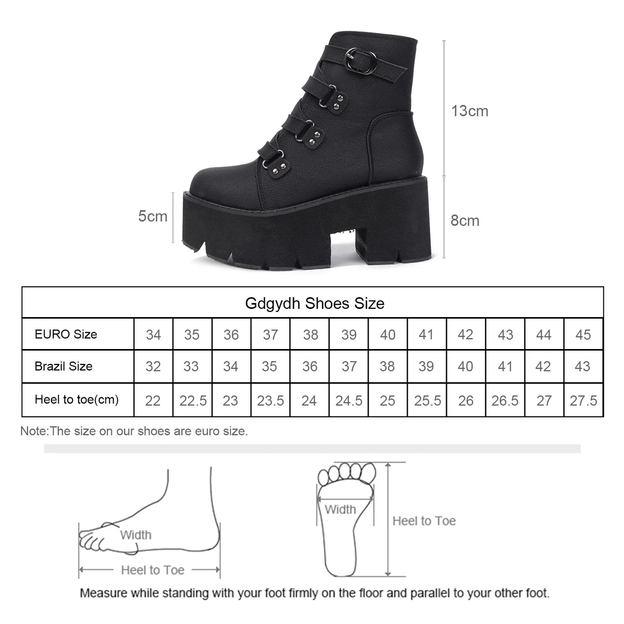 Gdgydh Women's Black Platform Boots Comfy Round Toe Buckle Strap Solid Color Chunky Heels Mid Calf Boots Gothic Style