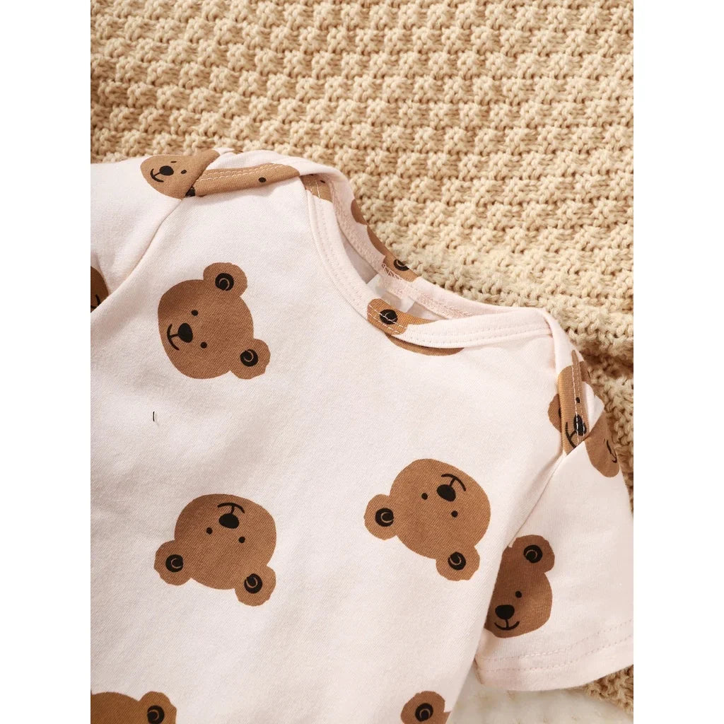 0-9 Months Newborn Baby Boy 4PCS Clothing Set Bear Print Short Sleeve Bodysuit+Pants+Hat+Sock Cute Baby Photograph Outfit