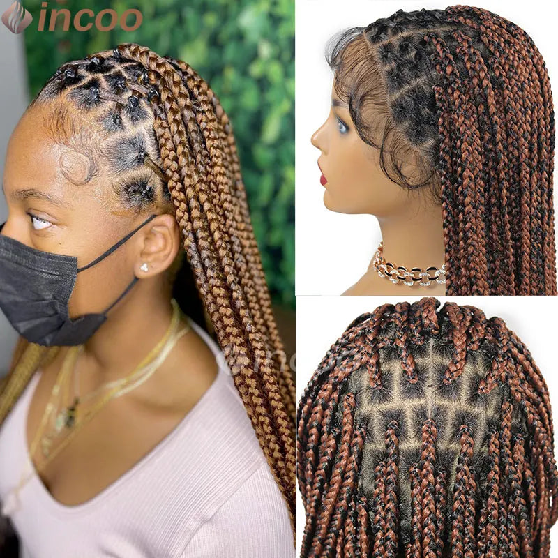 Ombre Blond Box Braided Full Lace Women's Wigs 36" Knotless Crisscross Lace Front Box Braids Wig Super Long Synthetic Braid Wig