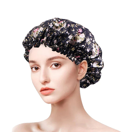 Women Satin Bonnets Printed Floral Edge Nightcap Fashion Imitated Silk Fabric Home Cap Lady Elastic Hair Care Beauty Makeup Hat