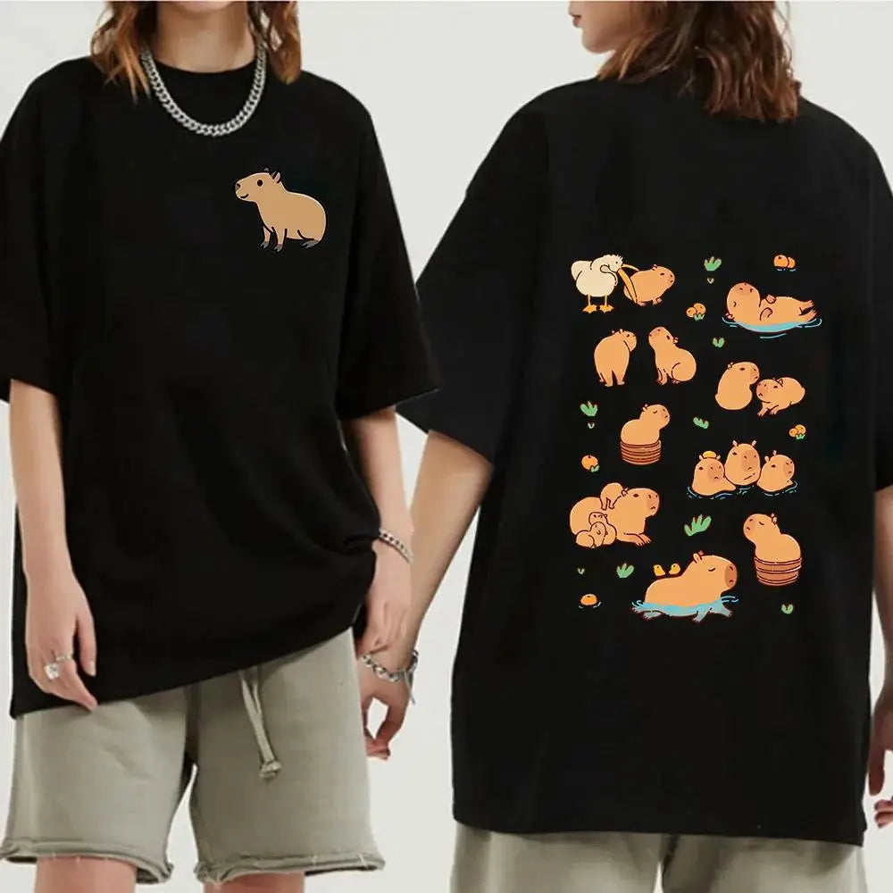 Funny Animals Capybara Cartoon Print T Shirt WomenMen Cotton Plus Size Tops T-shirt Y2k Unisex Fashion Harajuku Tees