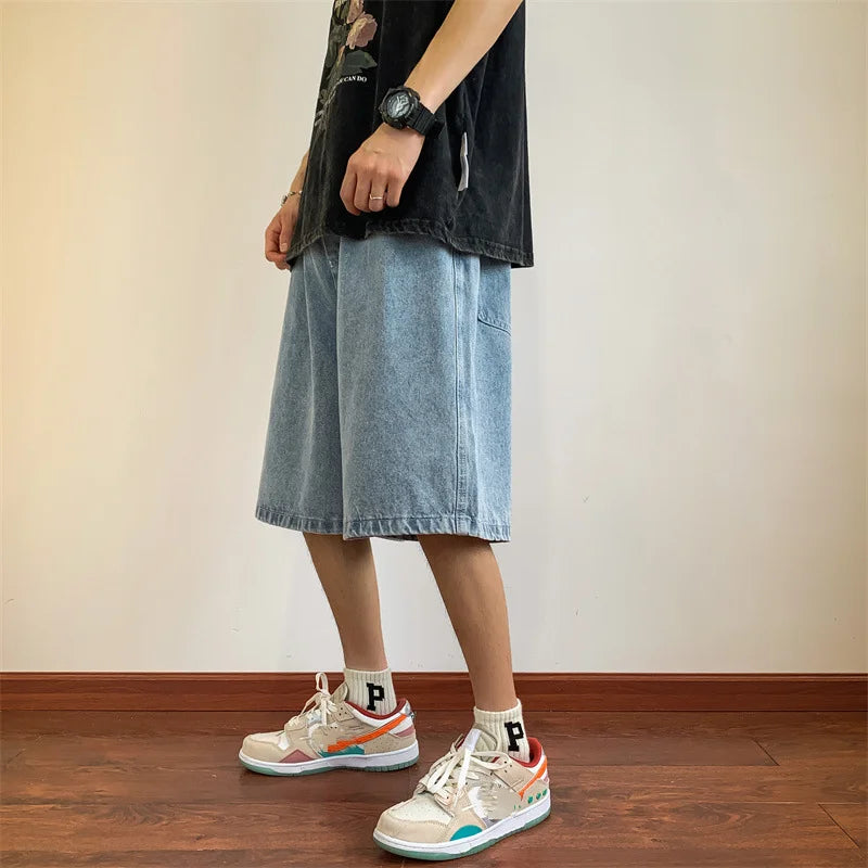 Summer Denim Shorts for Men Korean Harajuku Retro All-Match Baggy Straight Bottoms Wide-Leg High Street Five-Point Jeans Pants