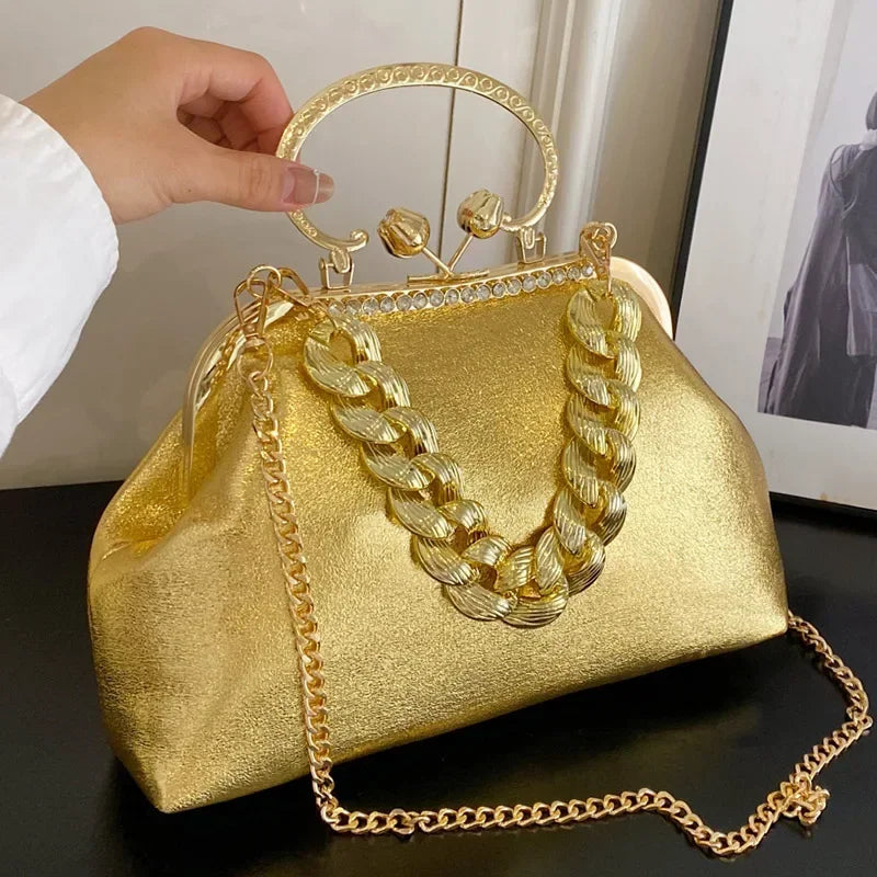 2023 Luxury Women Gold Green Chain Messenger Bags PU Leather Shoulder Bags Shell Clip Designer Handbag And Purse Wedding Clutch