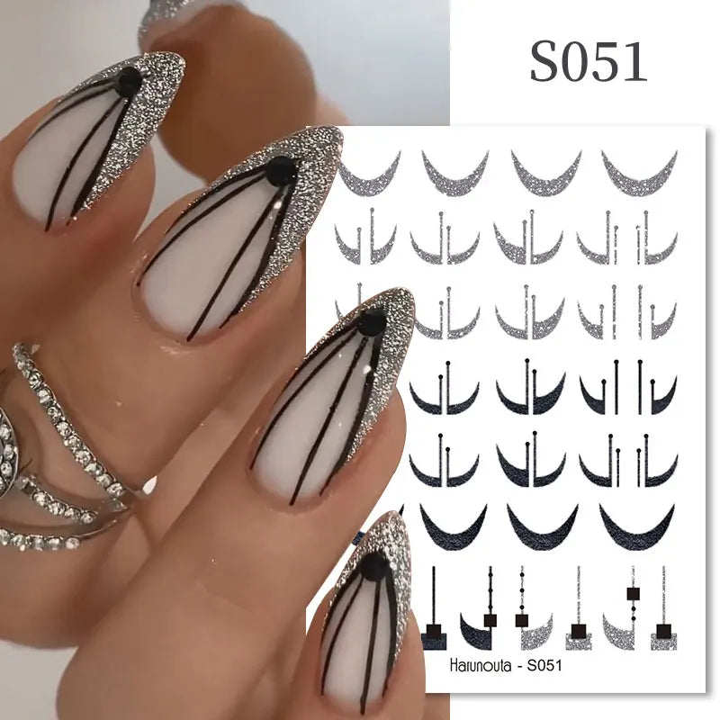 3D Silver Frame Nail Sticker Silver Bronzing Stripe Lines Sliders For Nails Tribal Pattern Decals Marble Blooming Nail Tattoos