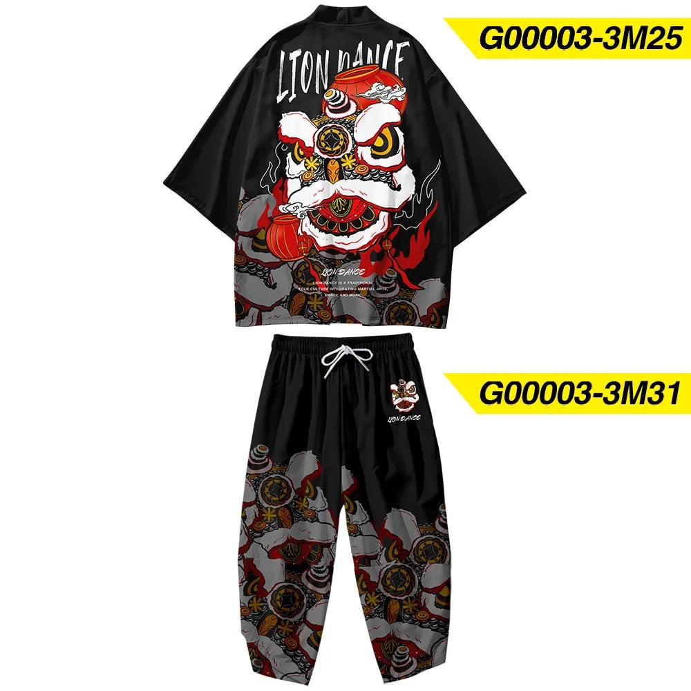 Two-piece Suit Plus Size S-6XL Loose Japanese Cardigan Women Men Cosplay Yukata Clothing Harajuku Samurai Kimono + Pants Sets