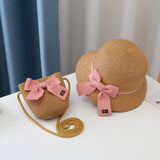 2pcs Set Summer Straw Hat With Bag For Girls Casual Bowknot Sunhat Children Protection Visor Caps Outdoor Beach Bucket Hat