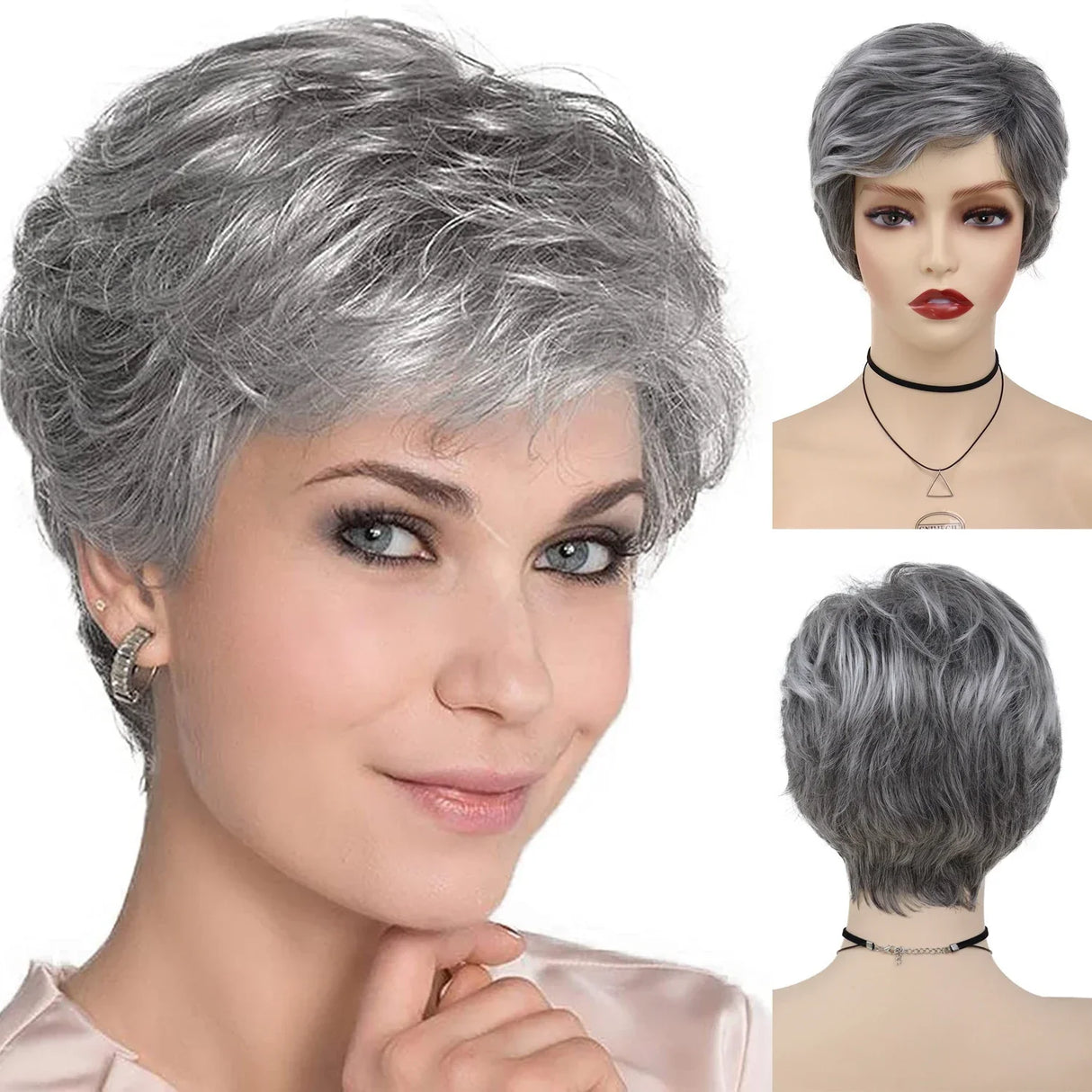 GNIMEGIL Synthetic Short Pixie Cut Wig Women Natural Hairstyle Bangs Wig Blonde Mix Brown Soft Straight Wig for Chemo Patient