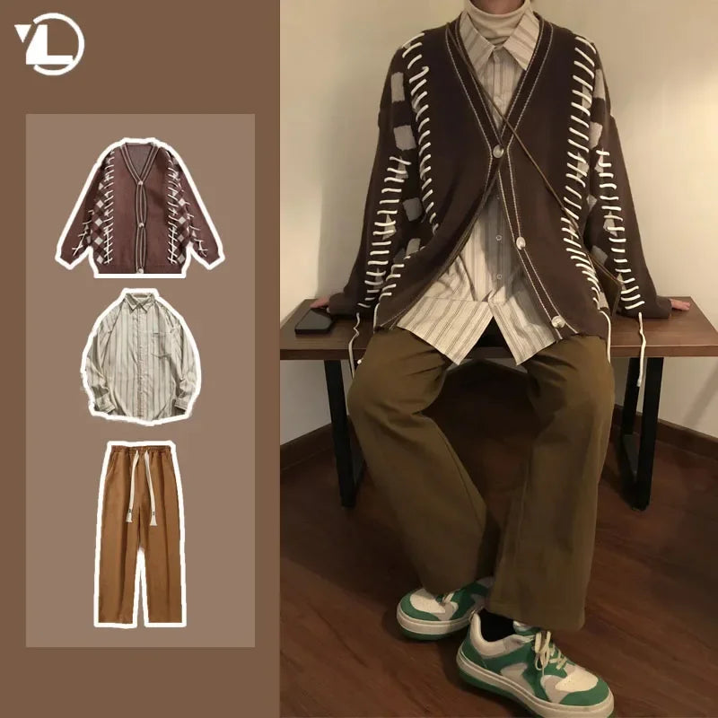 Men Casual Sweater Set Vintage Checkerboard Cardigan+Striped Long Sleeved Shirt+Trendy Wide Leg Pants 3-piece Street Couple Suit