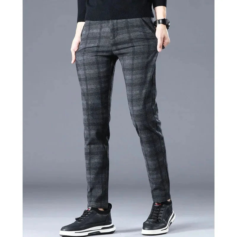 Male Clothes Casual Fashion Plus Fleece Plaid Pants 2024 Autumn Winter Men's All-match Comfortable Thick Slim Pencil Trousers