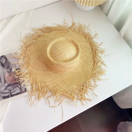 2024 Handmade Big Brim Hat Oversized Tassel Burrs Women Men Straw Sun Brim Hats Natural Raffia Panama Beach Summer Hat