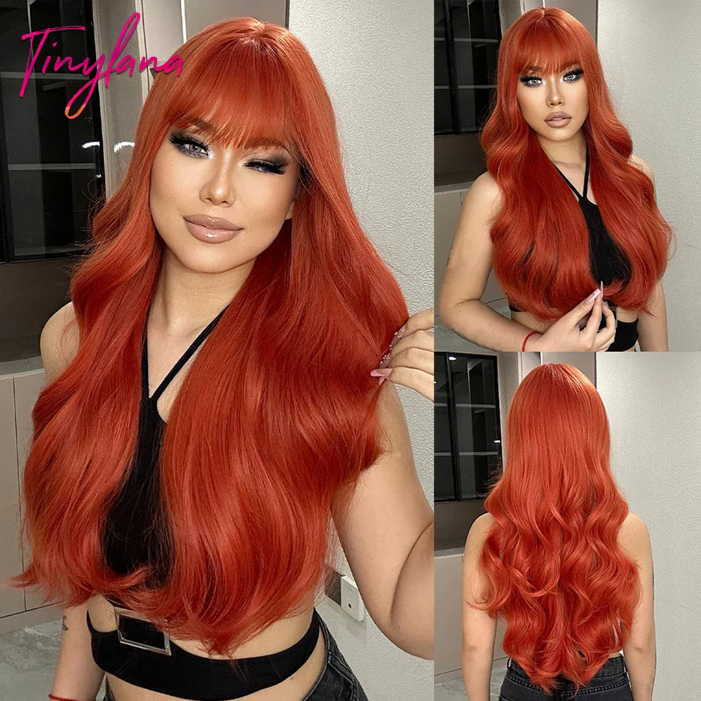 Long Curly Orange Brown Ombre Synthetic Wavy Wigs with Bangs Ginger Cosplay Party Wig for Women Afro Natural Hair Heat Resistant