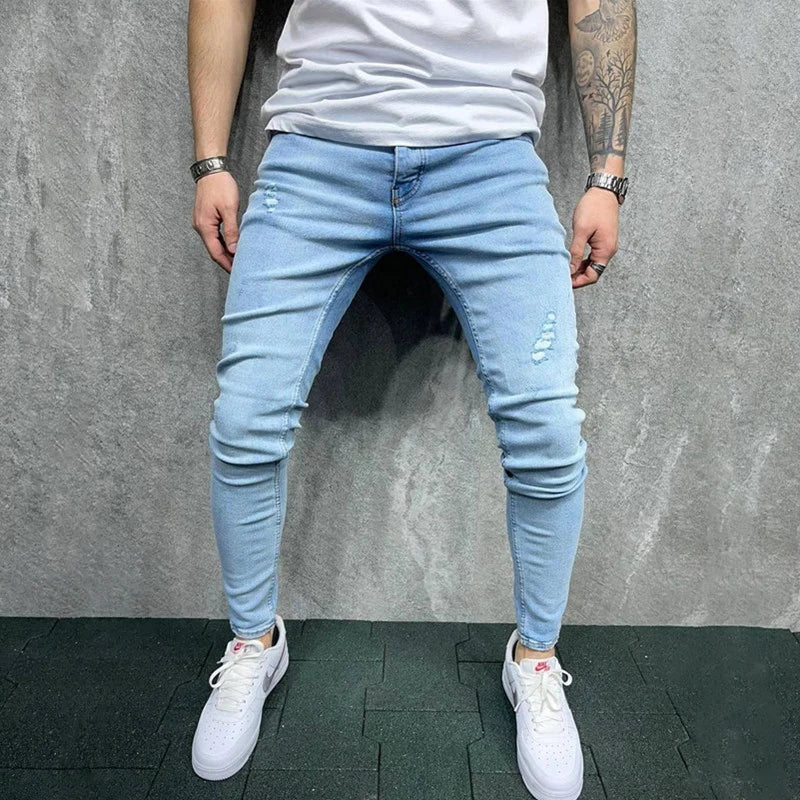 Fashion Men Holes Distressed Skinny Stretch Jeans Pants Streetwear Hip Hop Male Ripped Solid Denim Trousers