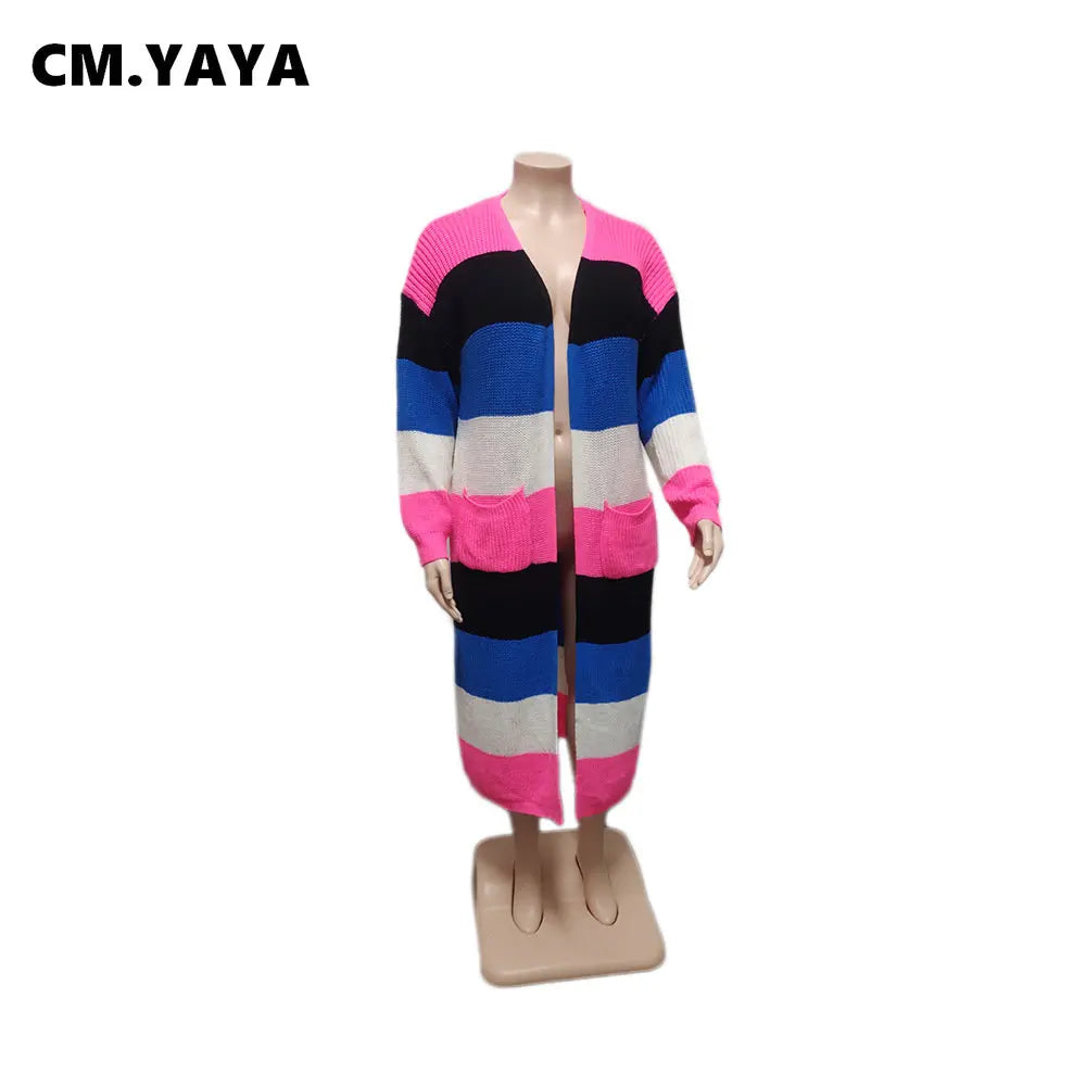 CM.YAYA Plus size Women Knit Ribbed Patchwork Long Sleeve Open Stitch Maxi Long Jumper Sweater  Fashion Autumn Winter Cardigan