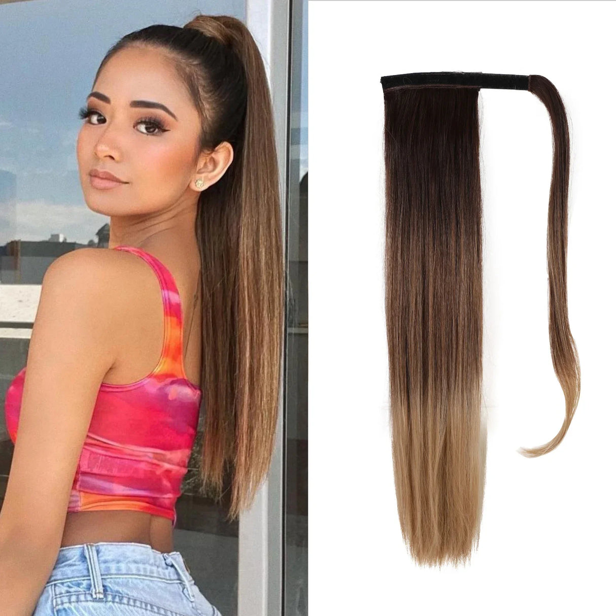 LOUIS FERRE Straight Ponytail Extension 26 inch Pony Tail Natural Long Ponytails Wrap Around Synthetic Hairpieces for Women Girl