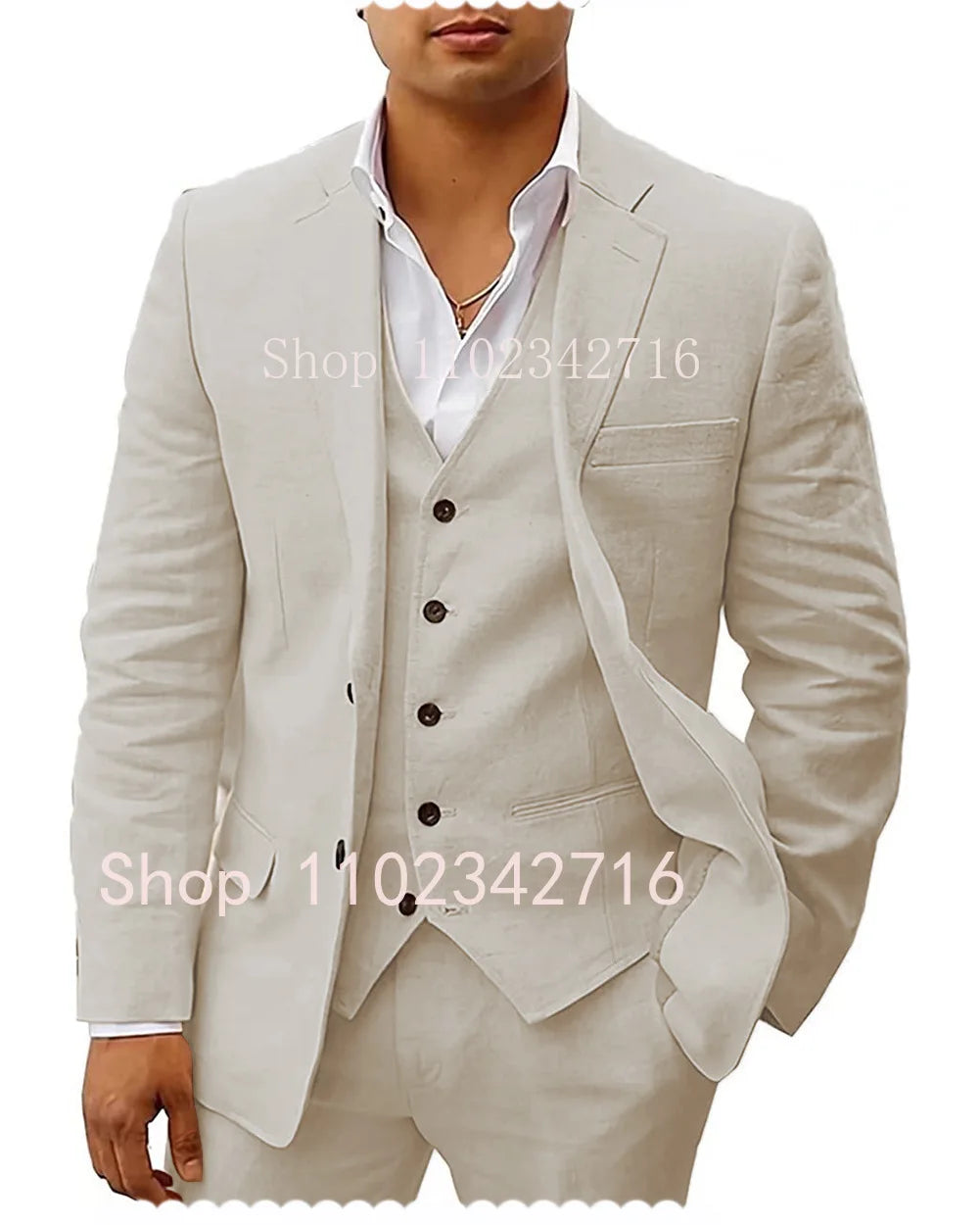 3 Piece Linen Summer Men Suits for Wedding Groom Tuxedos 2023 Casual Beach Custom Man Suit Set Jacket Vest with Pants Man Fahion