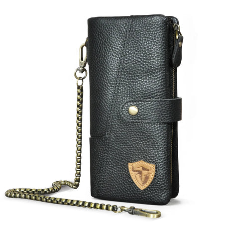 Hot Sale Real Cowhide Leather Travel Business Organizer Chain RFID Wallet For Men Long Zipper Male Purse Card Holder 1803