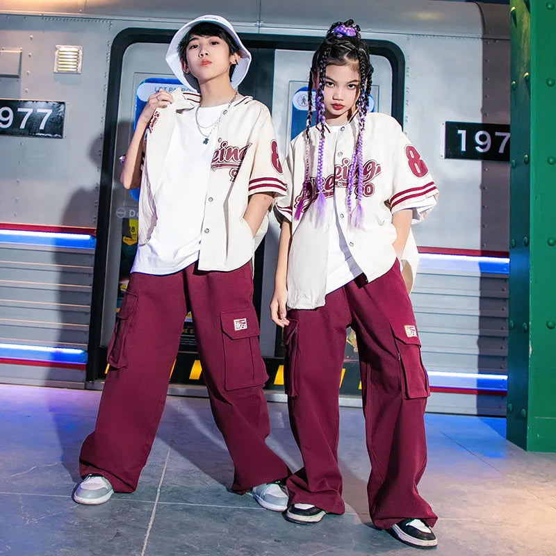 Kids Hip Hop Clothing Girl Letter Print Jacket Baseball Uniform Burgundy Casual Jogger Pant 2pcs Kpop Clothes Performance Outfit