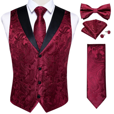 Brand Suit Vest Set For Men Luxury Silk Black Gold Paisley Dress Vest Tie Cufflinks Handkerchief Set Male Sleeveless Waistcoat