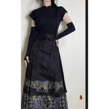 Chinese Style Traditional Pleated Skirt For Women Black Mamianqun Hanfu Thin Fashion All-match DIY Lace-up Long Skirts Womenwear