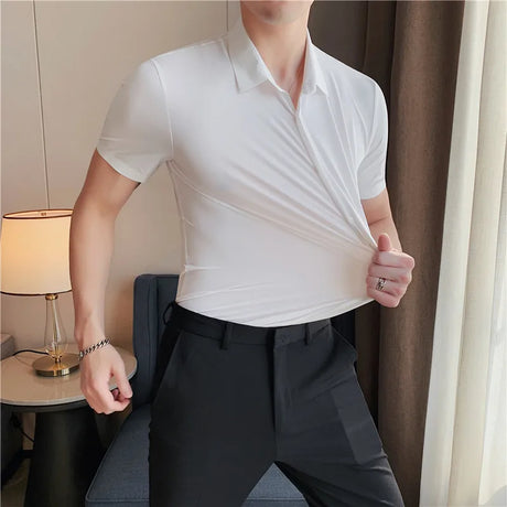 Men Short sleeve Shirt 2023 Summer New Thin Breathable High Elastic Slim Fit Solid Casual Formal Dress Shirt Korean Men Clothing