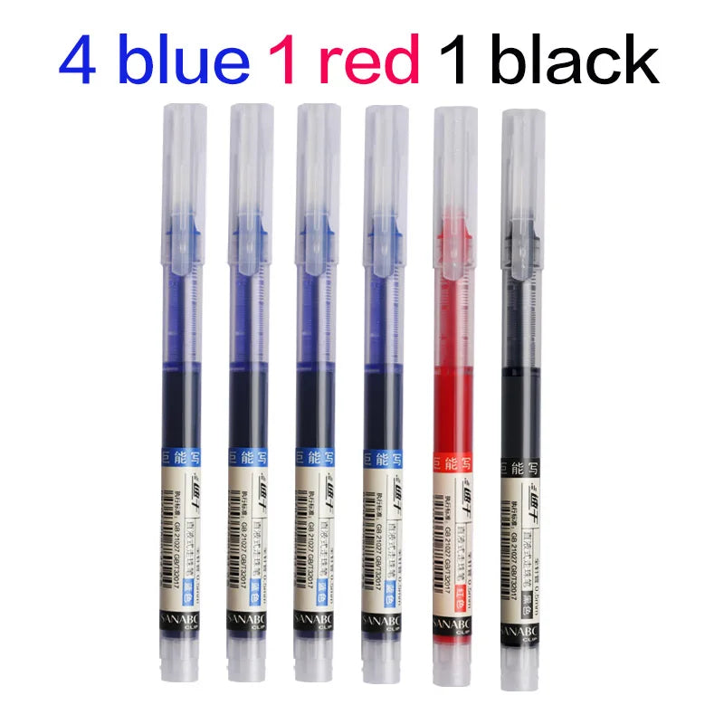 6Pcs/Set Quick-Drying 0.5mm Roller Pen High Capacity Black/Red/Blue Ink Straight Liquid Rollerball Gel School Office Stationery