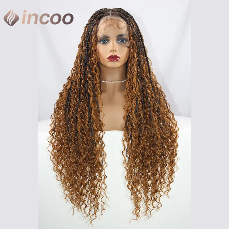 32" Full Double Lace Front Square Knotless Box Braided Wigs With Boho Curls Ends Box Braids Wig With Baby Hair Synthetic Wig 1B